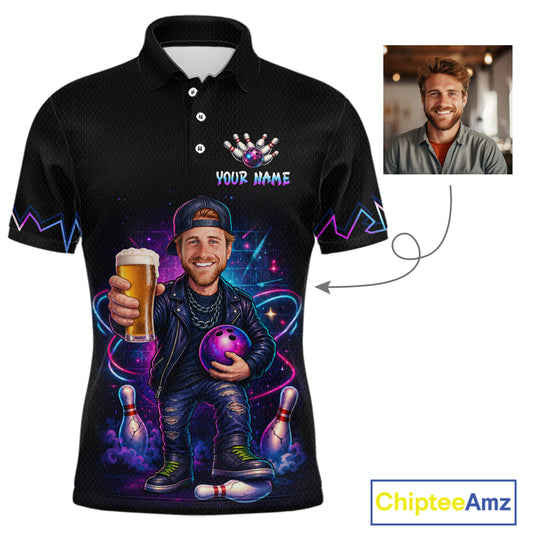 Custom Photo Funny Beer Galaxy Bowling Jersey for Men Bowling Team Shirts Polo & 1/4 Zip HNT312