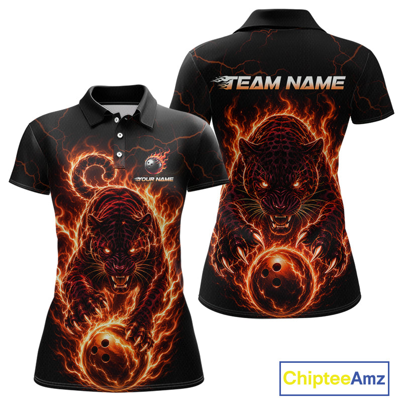 Black polo shirt with fiery tiger design on front and back, featuring 'Team Name' text.