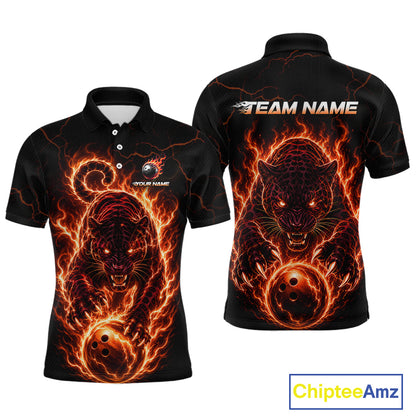 Black polo shirt with fiery panther design on front and back, featuring 'Team Name' text.