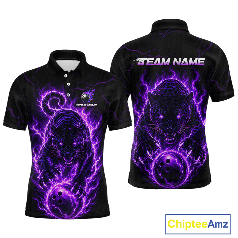 Black polo shirt with purple panther design on front and back, featuring 'Team Name' text.