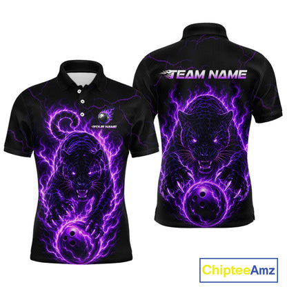 Black polo shirt with purple panther design on front and back, featuring 'Team Name' text.
