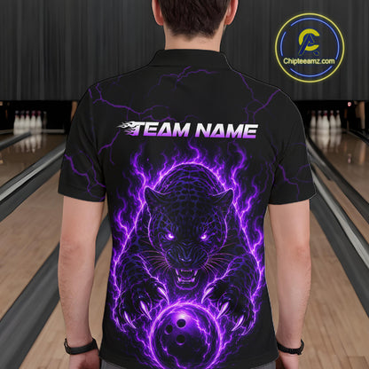 Person wearing a black bowling shirt with a purple panther design and 'Team Name' text in a bowling alley.