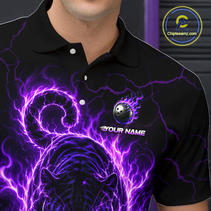 Black polo shirt with purple lightning design and bowling ball graphic, featuring 'Chipleemz.com' logo.