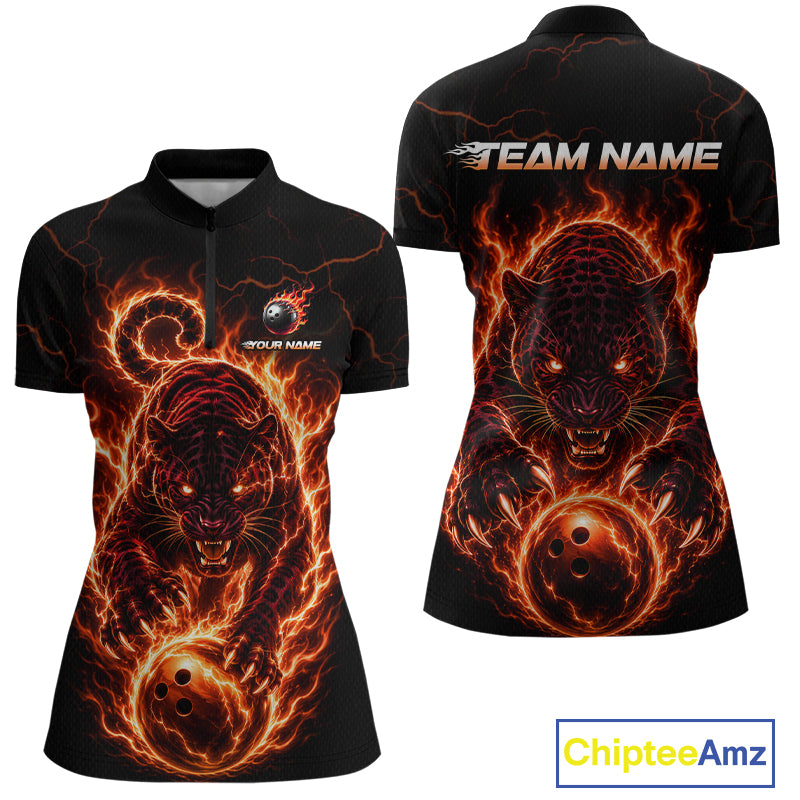 Black polo shirt with fiery panther design on front and back, featuring 'Team Name' text.