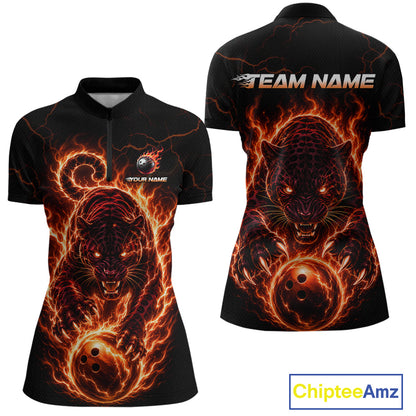 Black polo shirt with fiery panther design on front and back, featuring 'Team Name' text.