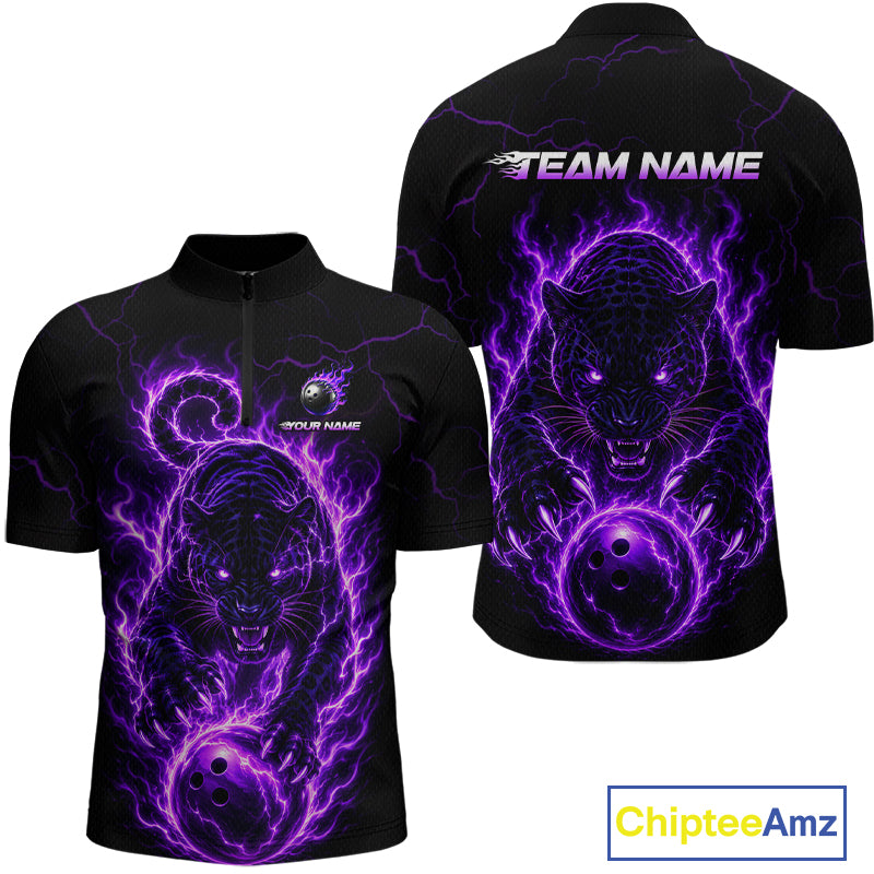 Black polo shirt with purple panther design on front and back, customizable text areas, and Chiptee Amz branding.