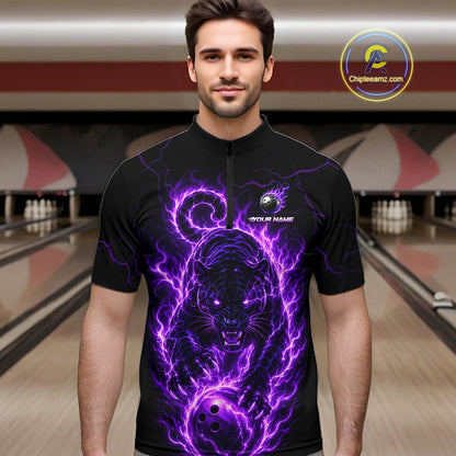 Man wearing a black and purple tiger design shirt in a bowling alley.