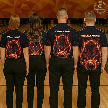 Four people wearing black shirts with a fiery bear design on a bowling alley background