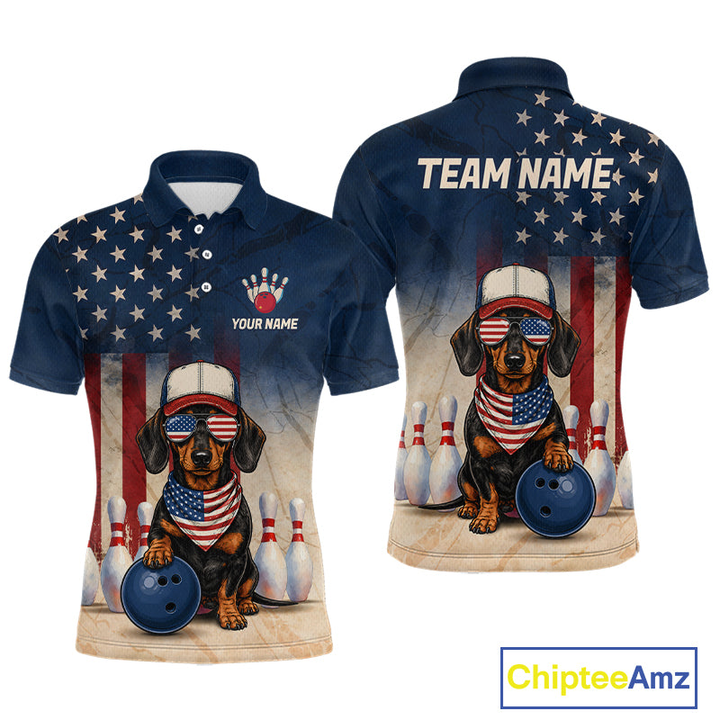 Navy blue polo shirt with a dachshund holding a bowling ball and American flag design, featuring 'Chiptee Amz' branding.