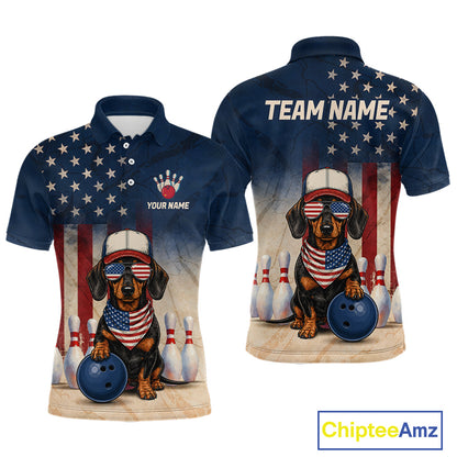 Navy blue polo shirt with a dachshund holding a bowling ball and American flag design, featuring 'Chiptee Amz' branding.
