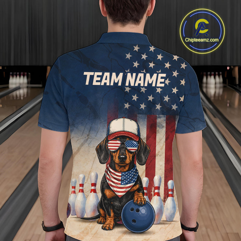 Person wearing a bowling shirt with a dachshund graphic and 'Team Name' text in a bowling alley.