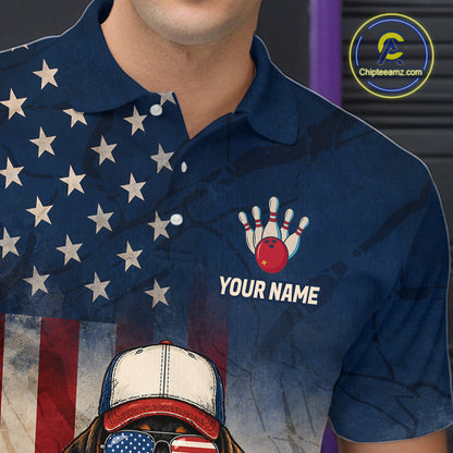 Navy blue polo shirt with American flag design and bowling graphic, featuring 'Your Name' text.
