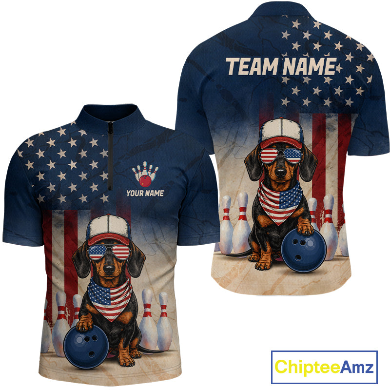 American flag-themed shirt with a dachshund graphic and customizable text on a white background.