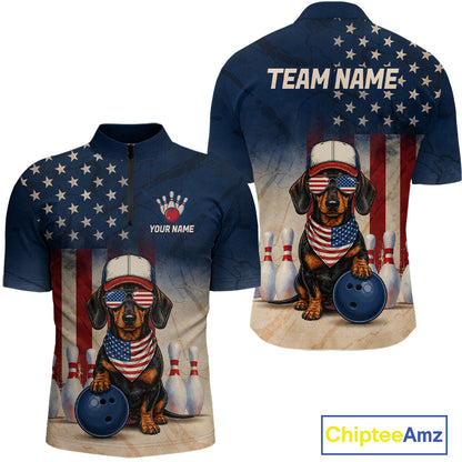 American flag-themed shirt with a dachshund graphic and customizable text on a white background.