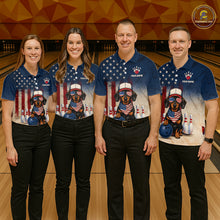 Load image into Gallery viewer, Four people wearing matching bowling shirts with a dachshund design on a bowling alley.