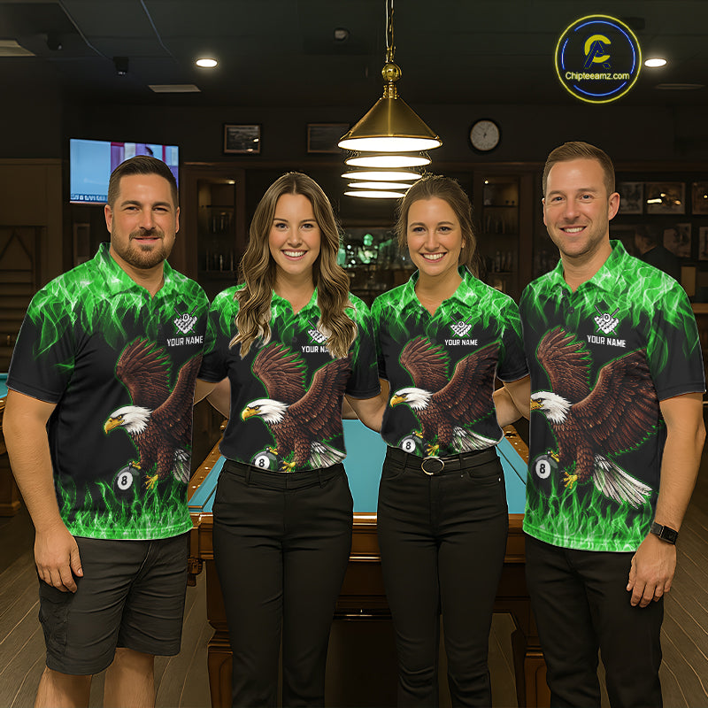 Custom Green Flame Eagle 8 Ball Billiard Shirts for Men Billiard League Billiard Team Shirts NNT107
