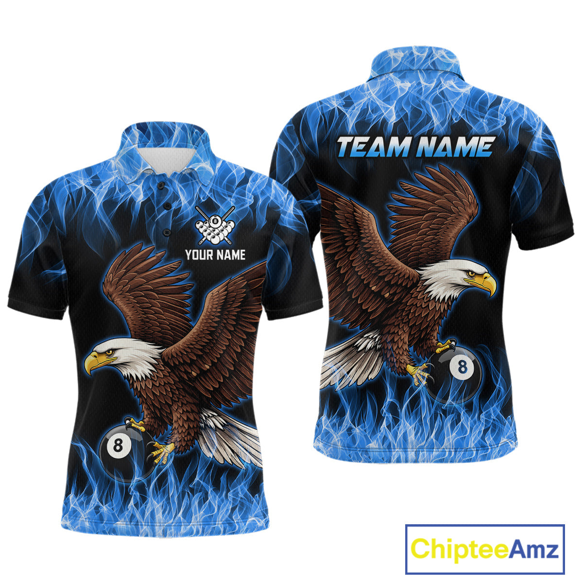 Custom Blue Flame Eagle 8 Ball Billiard Shirts for Men Billiard League Billiard Team Shirts NNT107