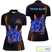 Load image into Gallery viewer, Front and back views of a black bowling quarter zip shirt with neon blue and orange cartoon bowling ball and pin graphics, plus custom team name and player name text.