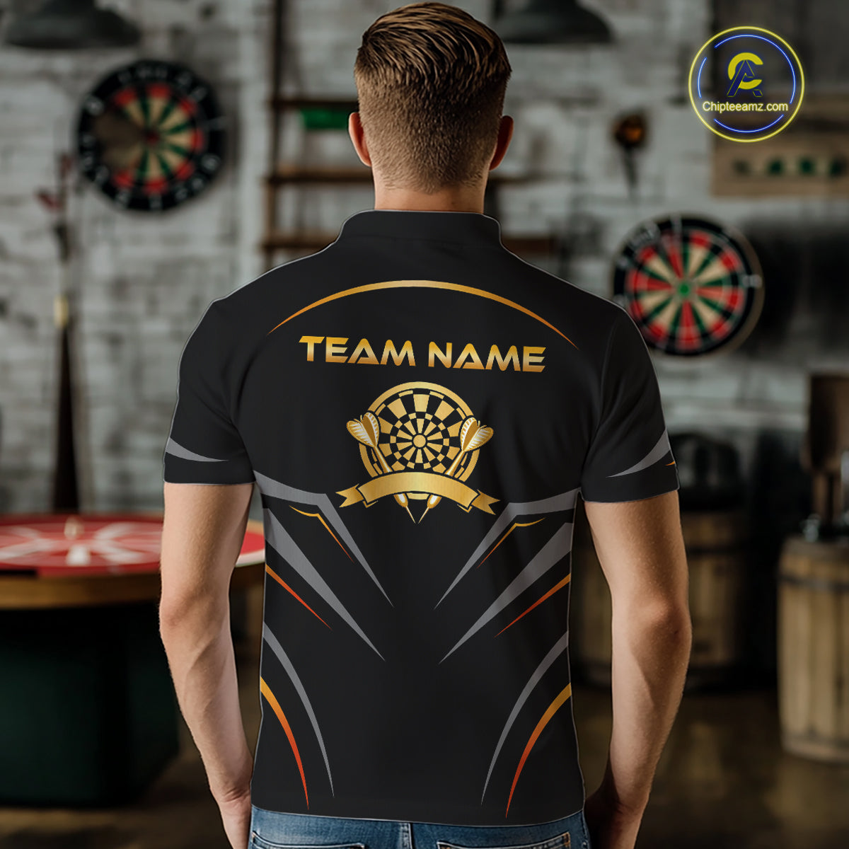 Black and Gold Dartboard Custom Dart Shirts For Men Polo & 1/4 Zip Dart Jersey Team NNT122