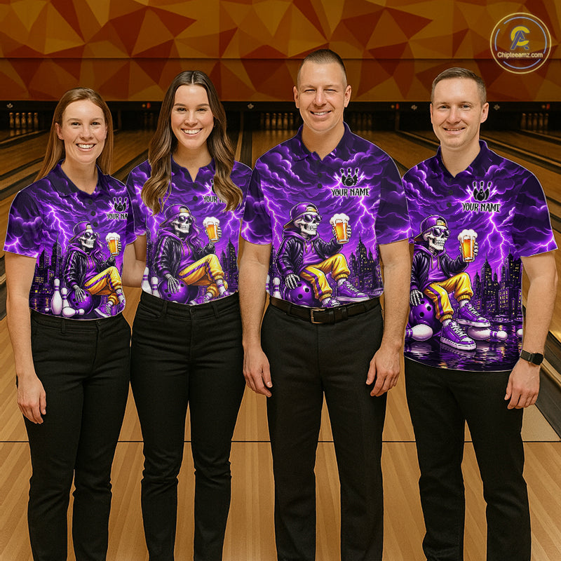 Custom Funny Beer Skull Purple Bowling Shirt for Women Bowling Team Jersey Bowling League HNT296