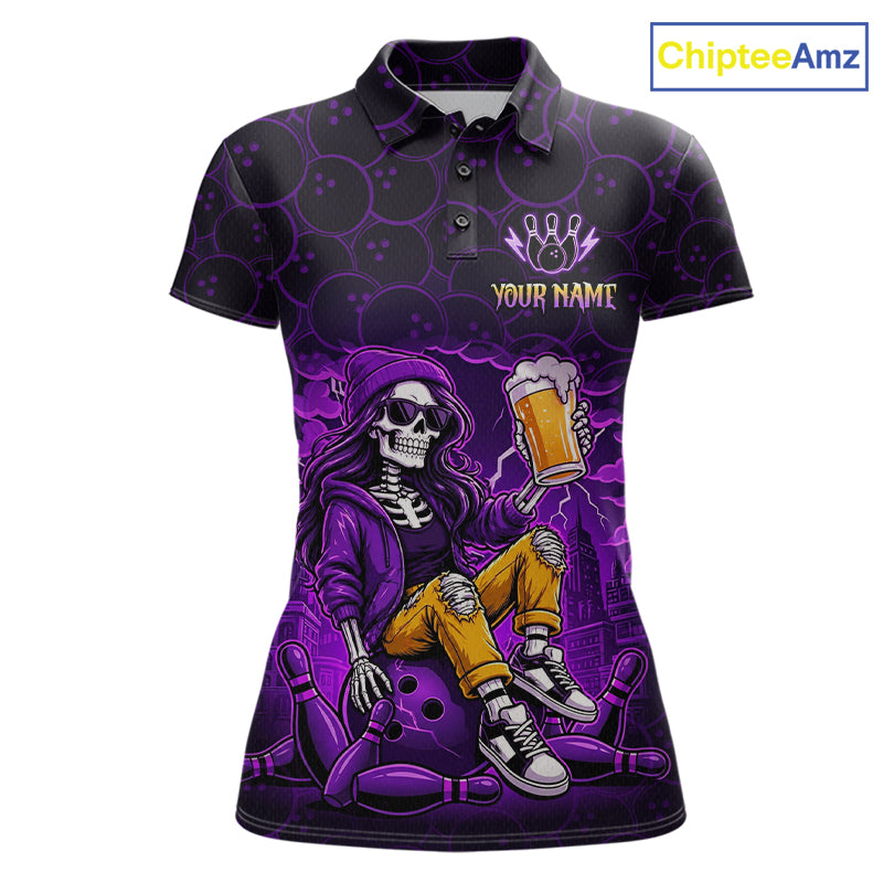 Custom Purple Funny Beer Skull Bowling Shirt for Women Bowling Team Jersey Bowling League HNT297