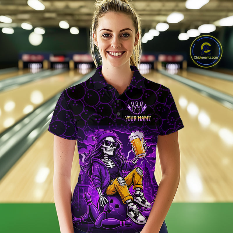 Custom Purple Funny Beer Skull Bowling Shirt for Women Bowling Team Jersey Bowling League HNT297