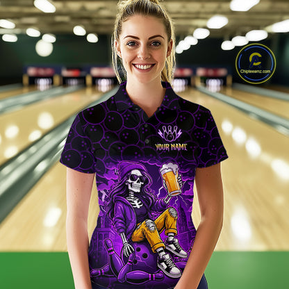 Custom Purple Funny Beer Skull Bowling Shirt for Women Bowling Team Jersey Bowling League HNT297