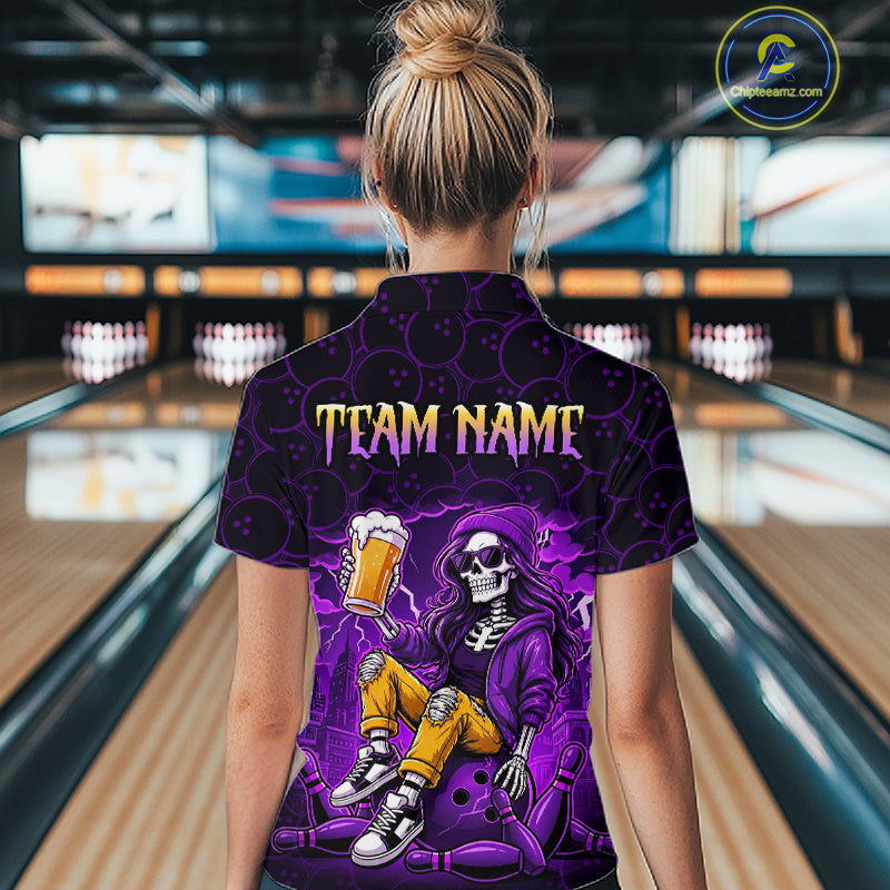 Custom Purple Funny Beer Skull Bowling Shirt for Women Bowling Team Jersey Bowling League HNT297