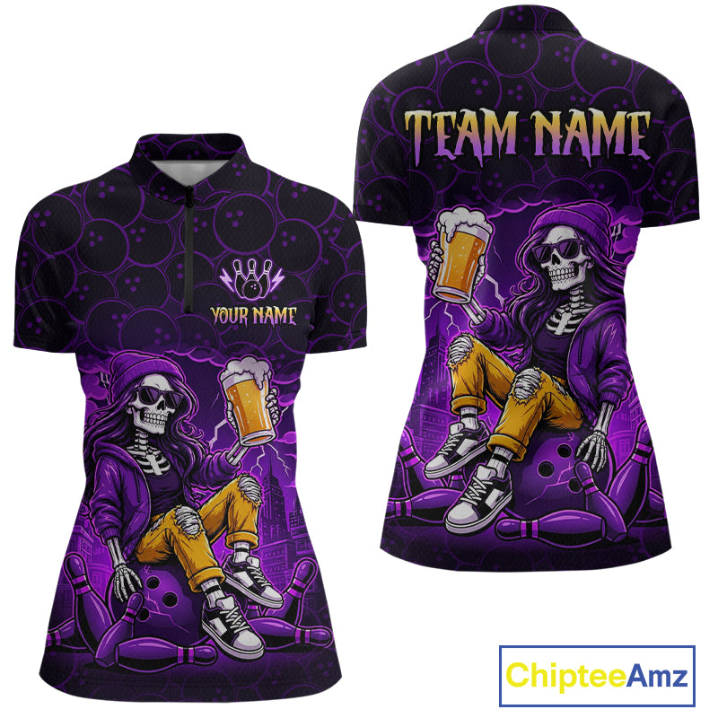 Custom Purple Funny Beer Skull Bowling Shirt for Women Bowling Team Jersey Bowling League HNT297