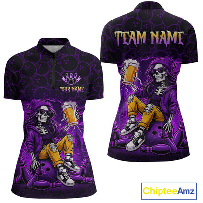 Custom Purple Funny Beer Skull Bowling Shirt for Women Bowling Team Jersey Bowling League HNT297