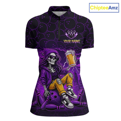 Custom Purple Funny Beer Skull Bowling Shirt for Women Bowling Team Jersey Bowling League HNT297