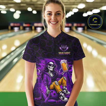 Custom Purple Funny Beer Skull Bowling Shirt for Women Bowling Team Jersey Bowling League HNT297