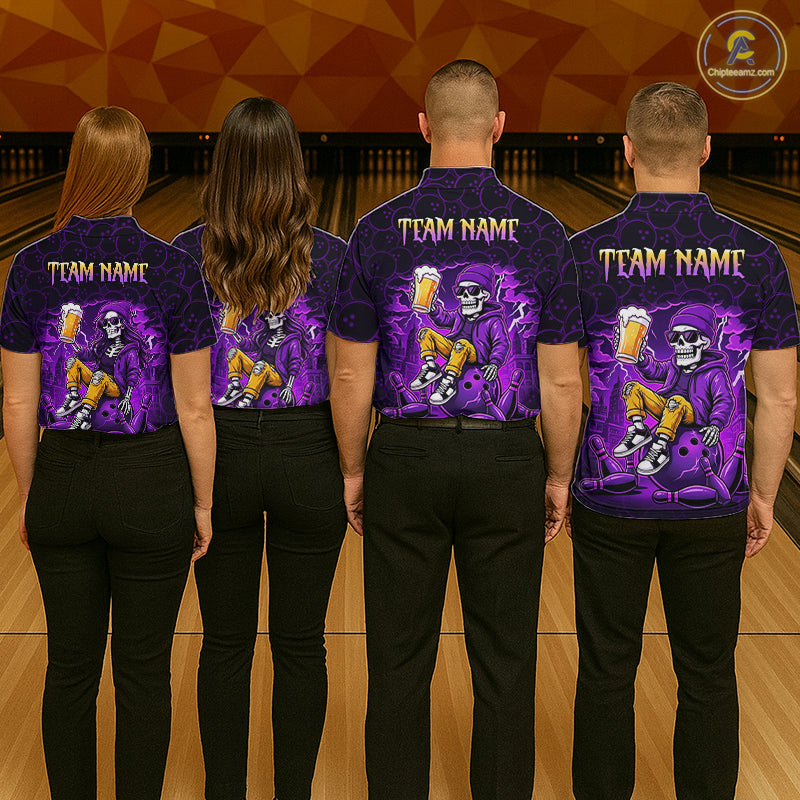 Custom Purple Funny Beer Skull Bowling Shirt for Women Bowling Team Jersey Bowling League HNT297