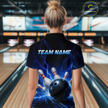Load image into Gallery viewer, Woman wearing a black and blue bowling quarter zip shirt featuring lightning effects, a large blue bowling ball striking pins, and custom team name text.