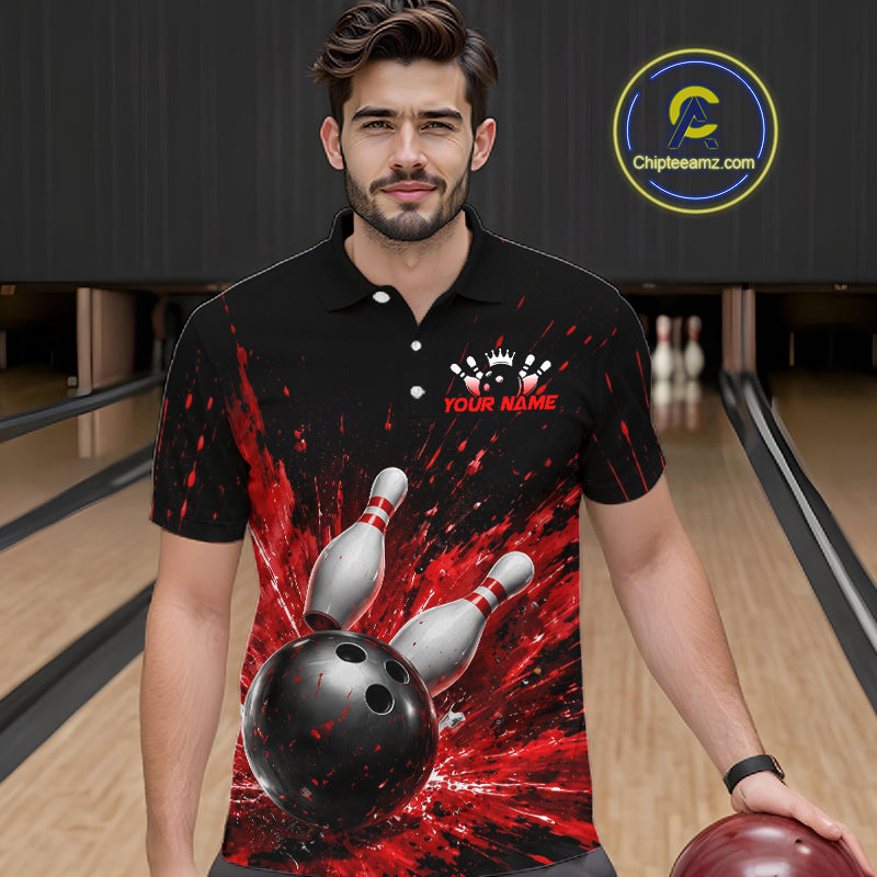 Man wearing a black bowling polo shirt with dramatic red splatter graphics, a large black bowling ball, and flying pins, plus custom player name text.