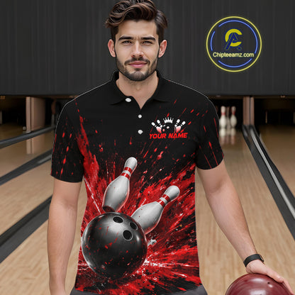 Man wearing a black bowling polo shirt with dramatic red splatter graphics, a large black bowling ball, and flying pins, plus custom player name text.