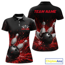 Load image into Gallery viewer, Front and back views of a black bowling polo shirt with dramatic red splatter graphics, a large black bowling ball, and flying pins, plus custom team and player name text.