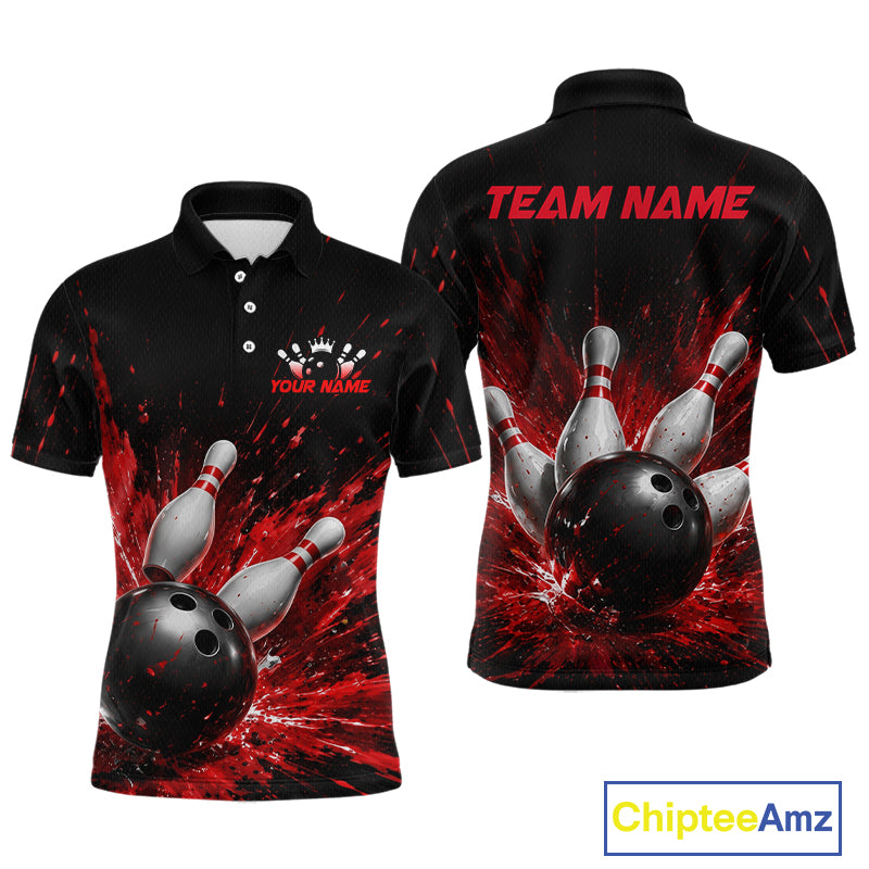 Front and back views of a black bowling polo shirt with dramatic red splatter graphics, a large black bowling ball, and flying pins, plus custom team and player name text.