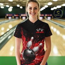 Load image into Gallery viewer, Woman wearing a black bowling quarter zip shirt with dramatic red splatter graphics, a large black bowling ball, and flying pins, plus custom player name text.