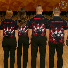 Load image into Gallery viewer, Four people wearing a black bowling quarter zip shirt with dramatic red splatter graphics, a large black bowling ball, and flying pins, plus custom team name text.