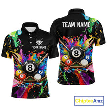 Load image into Gallery viewer, Black polo shirt with colorful pool design on front and back, featuring 'Team Name' and 'Your Name' text.