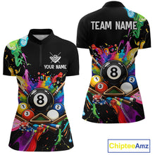 Load image into Gallery viewer, Colorful polo shirt with pool ball design on a black background, featuring 'Chiptee Amz' branding.