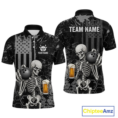 Front and back views of a black short-sleeve polo shirt featuring a distressed skeleton graphic holding a bowling ball and beer mug, with American flag and hexagon patterns. The back shows 'TEAM NAME' and 'YOUR NAME' placeholder text.