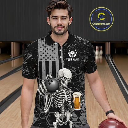 A man wearing a black and gray graphic polo shirt with a skeleton holding a bowling ball and a beer glass, standing in a bowling alley. The shirt features a distressed American flag design and the text 'YOUR NAME'.