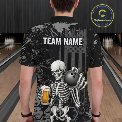 A man viewed from behind wearing a black short-sleeve collared shirt with a large back graphic. The shirt features a white skeleton holding a bowling ball and a beer glass, with the text 'TEAM NAME' across the upper back.