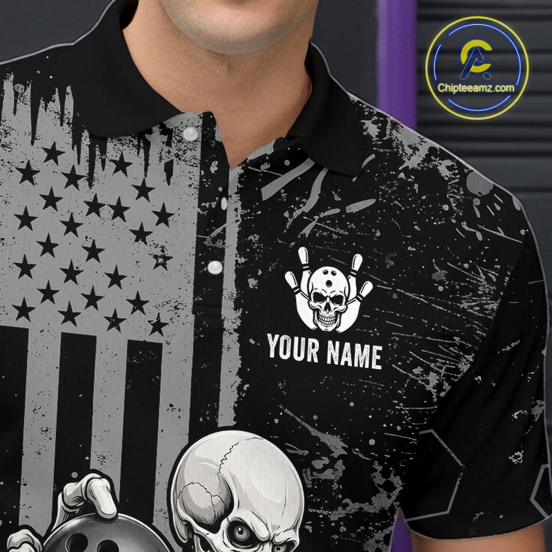 A close-up of a person wearing a black and gray distressed polo shirt with a skull-and-crossbones graphic, bowling pins, and the text 'YOUR NAME' on the chest. A circular 'Chipeamz.