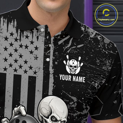 A close-up of a person wearing a black and gray distressed polo shirt with a skull-and-crossbones graphic, bowling pins, and the text 'YOUR NAME' on the chest. A circular 'Chipeamz.