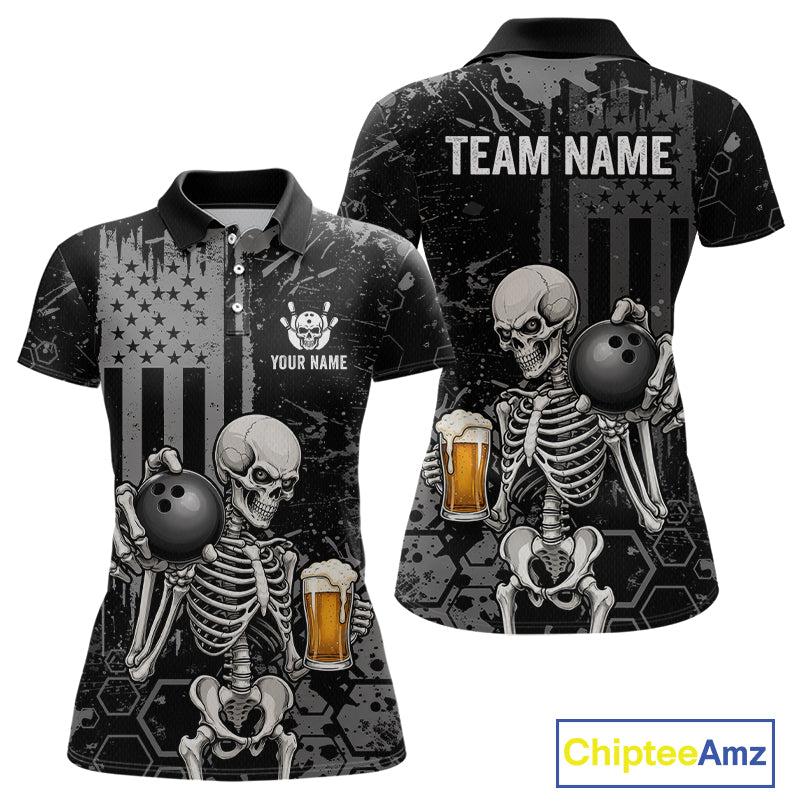 Front and back views of a black short-sleeve polo shirt with a distressed graphic print featuring two skeletons holding bowling balls and beer glasses, with customizable text areas on the chest and back, shown on a white background with a ChipteeAmz logo in the corner.