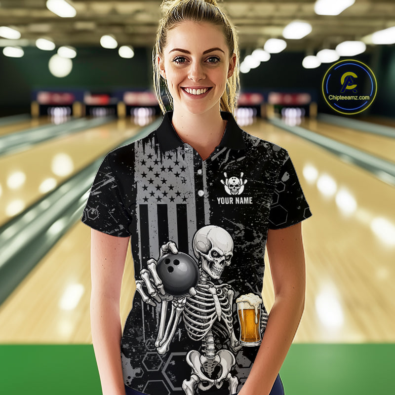 A woman standing in a bowling alley wearing a black short-sleeve polo shirt with a skeleton graphic holding a bowling ball and a beer glass, with a US flag motif and customizable text on the chest. A circular 'Chipleanic' watermark is visible in the top right.