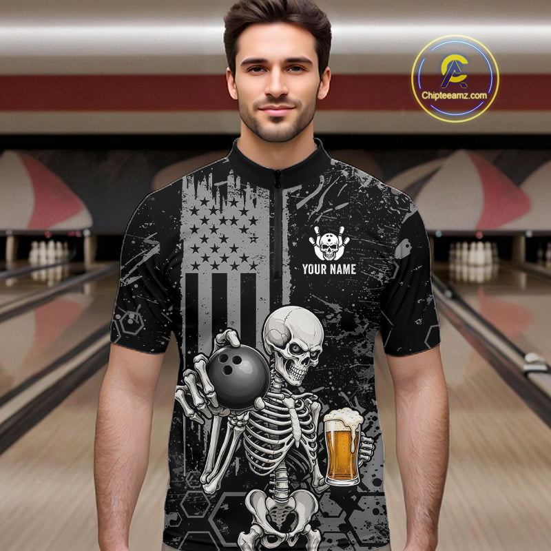 A close-up of a person wearing a black and gray distressed polo shirt with a skull-and-crossbones graphic, bowling pins, and the text 'YOUR NAME' on the chest. A circular 'Chipeamz.